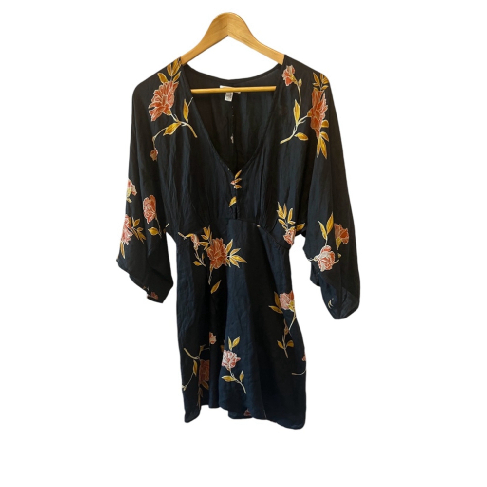 Amuse Society Floral Mini Dress Black Pink Boho V-Neck Long Sleeve S - Picture 2 of 11